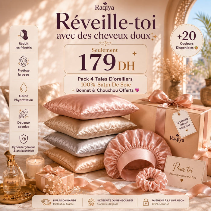 Pack 4 Taies D'oreillers 100% Satin De Soie + Bonnet + Chouchou Offerts 🎁