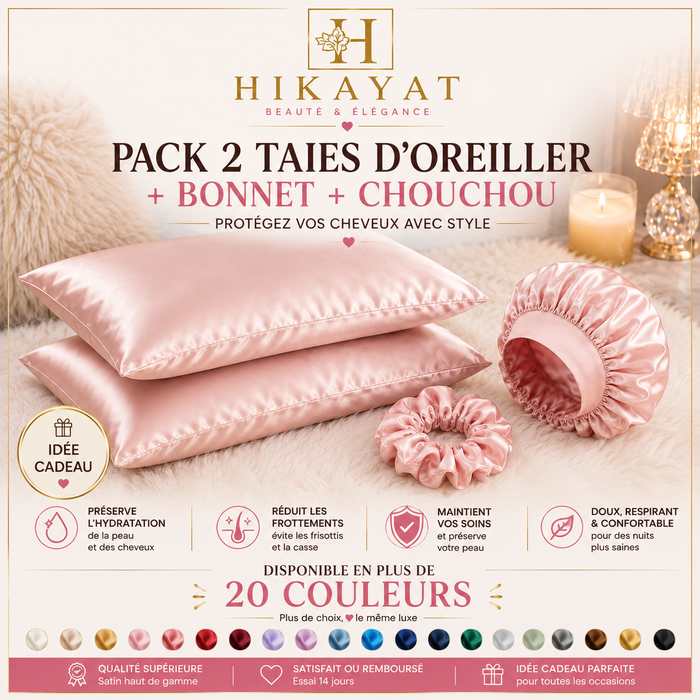 Pack 2 Taies d’Oreiller + Bonnet + Chouchou 🎁
