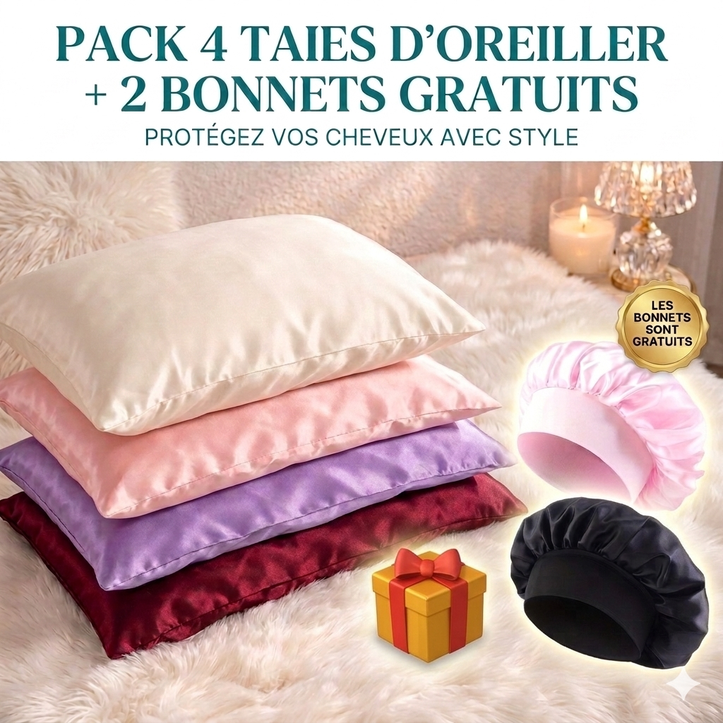 Pack 4 Taies d’Oreiller + 2 Bonnets Offerts + 2 Chouchou 🎁