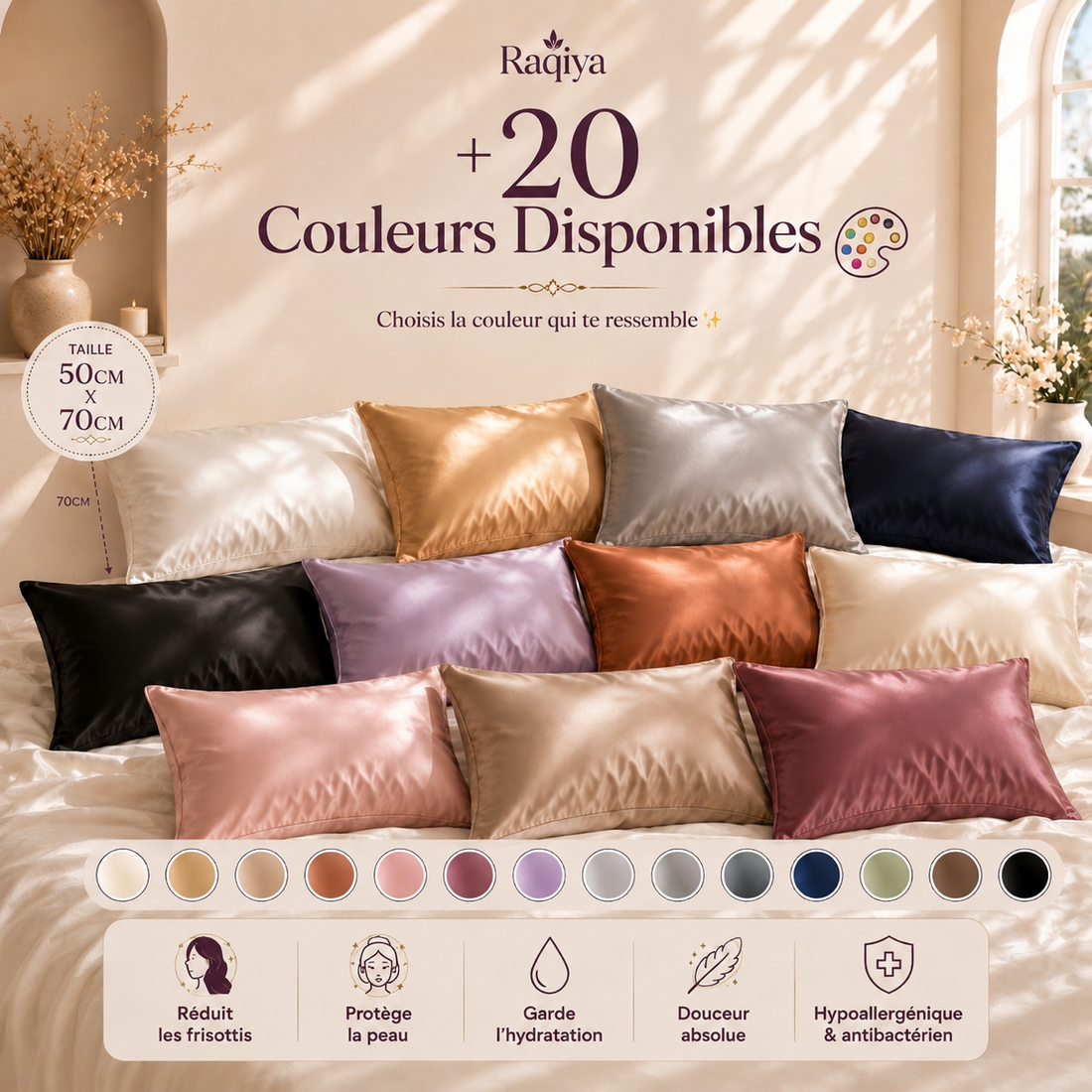 Pack 4 Taies D'oreillers 100% Satin De Soie + Bonnet + Chouchou Offerts 🎁